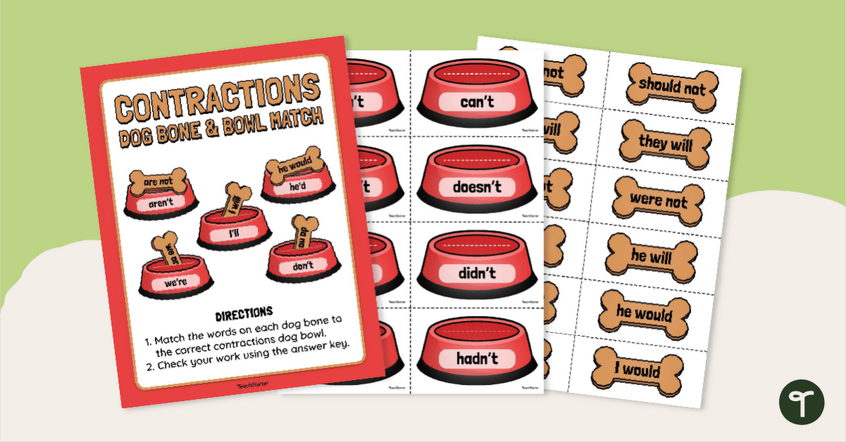 Contractions Matching Activity - Dog Bone and Bowl teaching resource