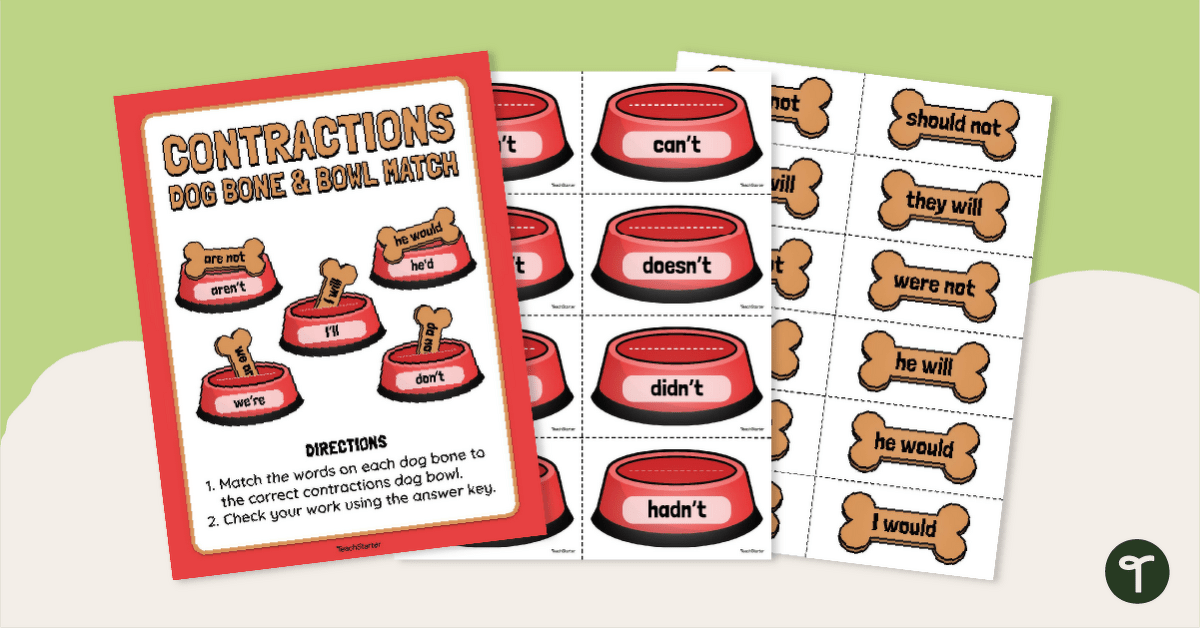 Contractions Matching Activity - Dog Bone and Bowl teaching-resource