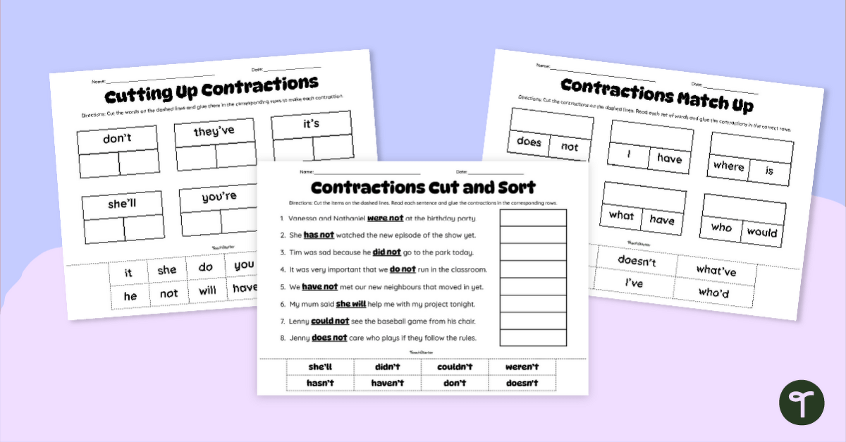 Contractions Cut and Paste Worksheet Pack teaching-resource