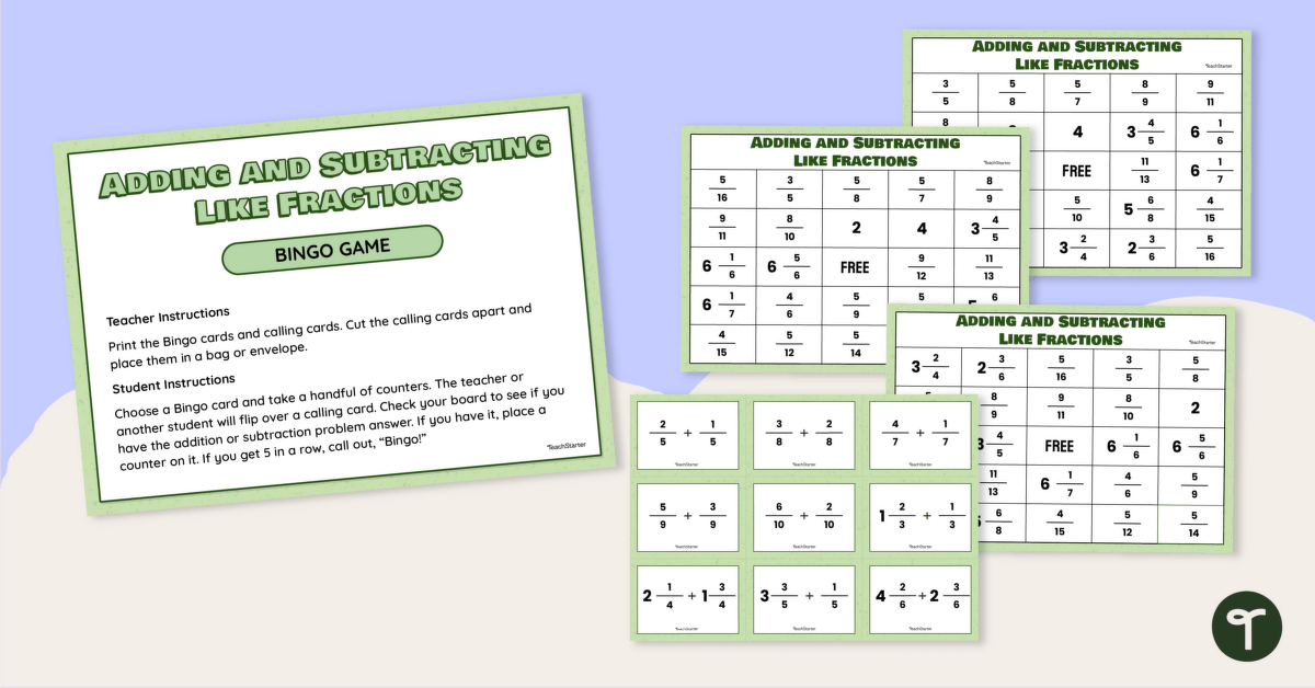 Adding and Subtracting Like Fractions Bingo teaching resource