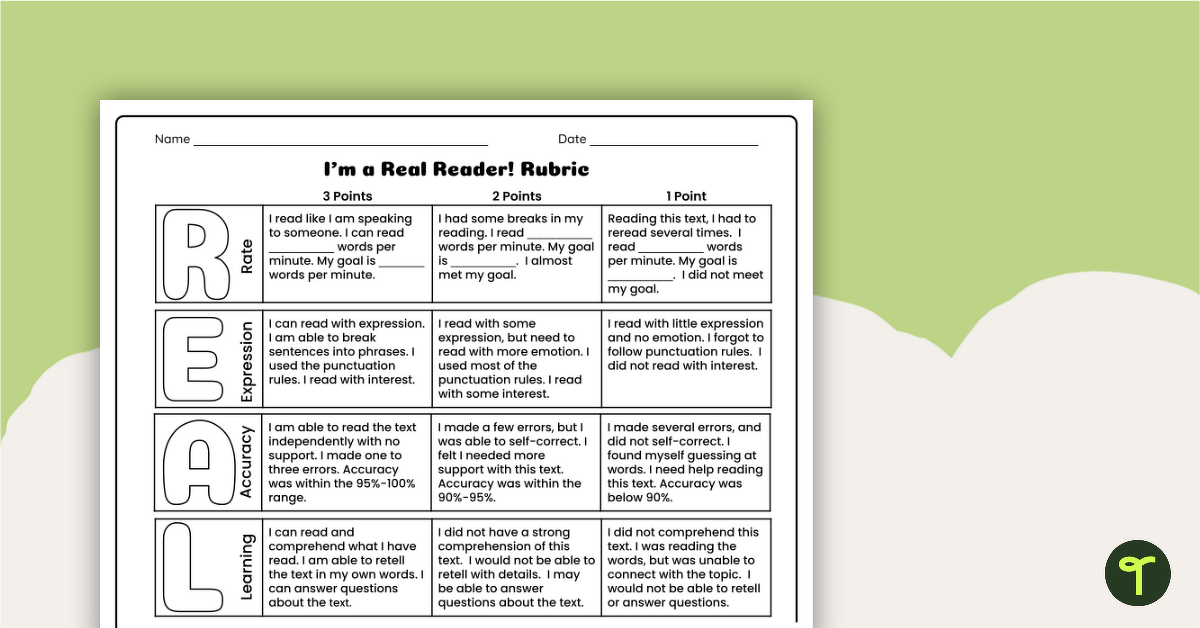 R.E.A.L. Reader - Self Assessment Rubric teaching-resource