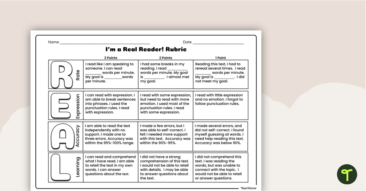 R.E.A.L. Reader - Self Assessment Rubric teaching resource