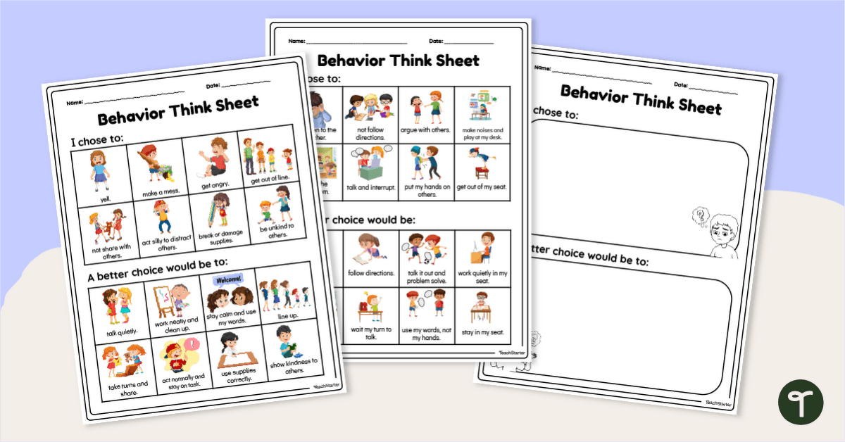 Behavior Reflection Sheet for Kindergarten - Think Sheet teaching resource