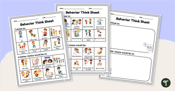 Go to Behavior Reflection Sheet for Kindergarten - Think Sheet teaching resource