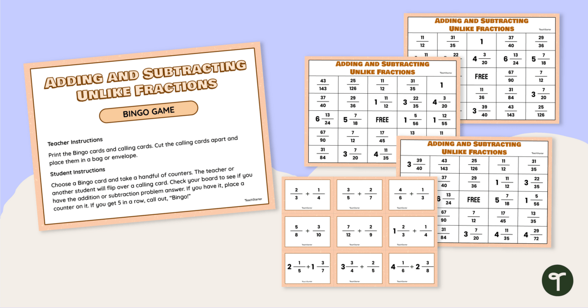 Adding and Subtracting Unlike Fractions Bingo teaching resource