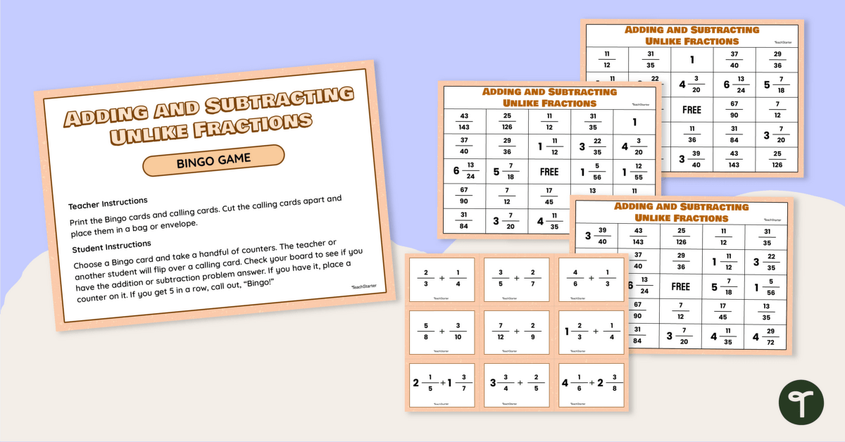 Adding and Subtracting Unlike Fractions Bingo teaching-resource