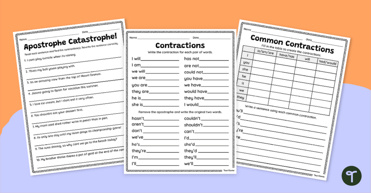 Apostrophes of Contraction Worksheets teaching resource