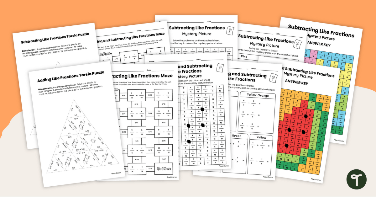 Adding and Subtracting Like Fractions Puzzle Pack teaching resource