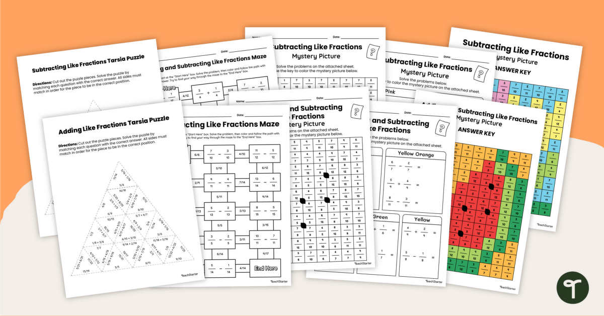 Adding and Subtracting Like Fractions Puzzle Pack teaching-resource