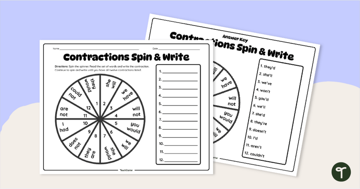 Contractions Spin and Write Worksheet teaching resource