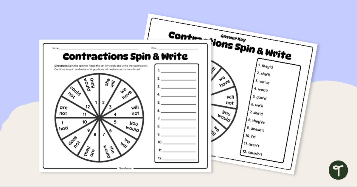 Contractions Spin and Write Worksheet teaching-resource