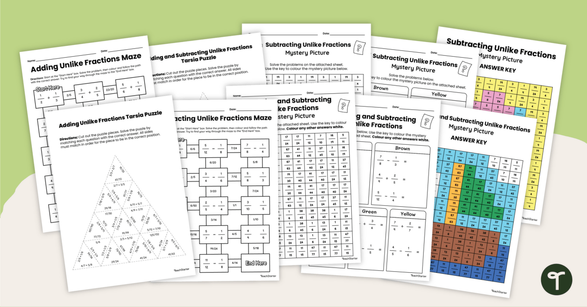 Adding and Subtracting Unlike Fractions Puzzle Pack teaching resource