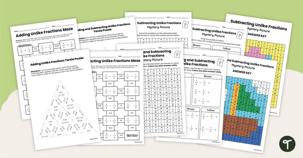 Go to Adding and Subtracting Unlike Fractions Puzzle Pack teaching resource