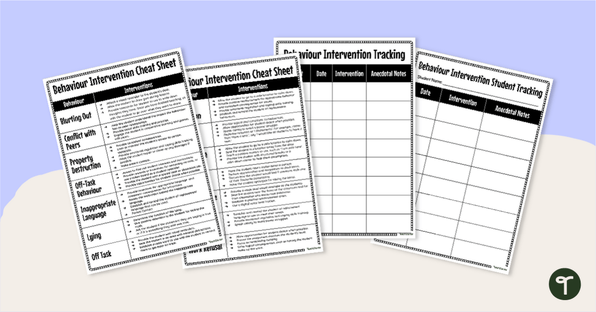 Behaviour Intervention Cheat Sheet teaching resource