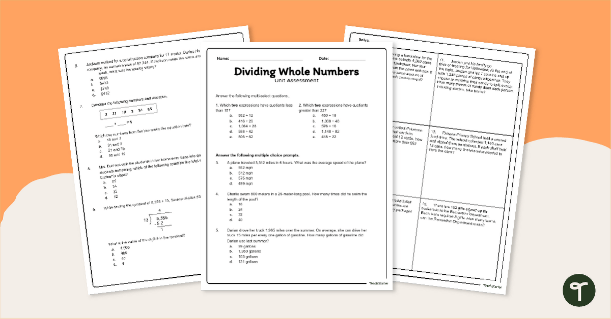 5th Grade - Whole Number Division Test (No Remainder) teaching resource