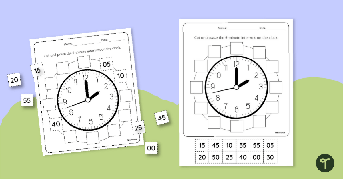 Clock Cut and Paste Worksheet – 5-Minute Intervals teaching resource