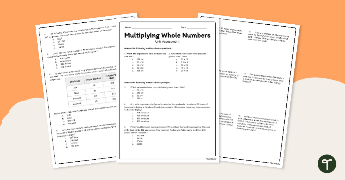 5th Grade Multiplication Test - Multi-Digit Multiplication teaching resource