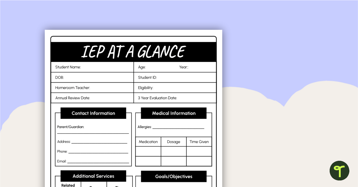 IEP at a Glance - Template teaching-resource