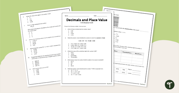 Go to Year 5 - Decimal Place Value Assessment teaching resource