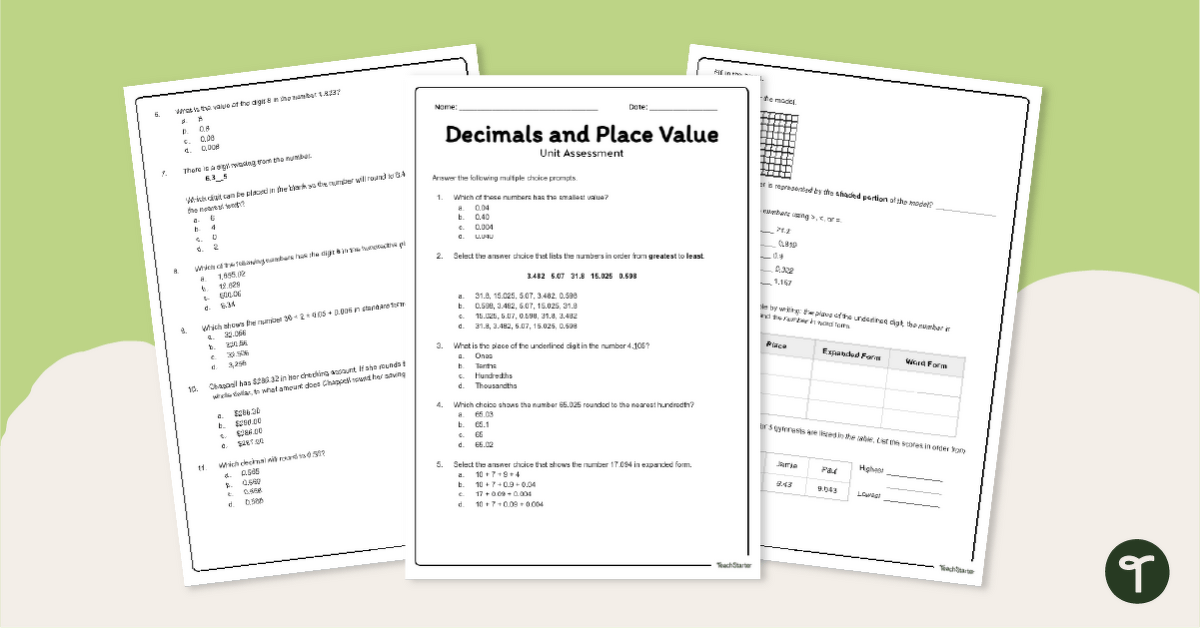 5th Grade - Decimal Place Value Assessment teaching resource