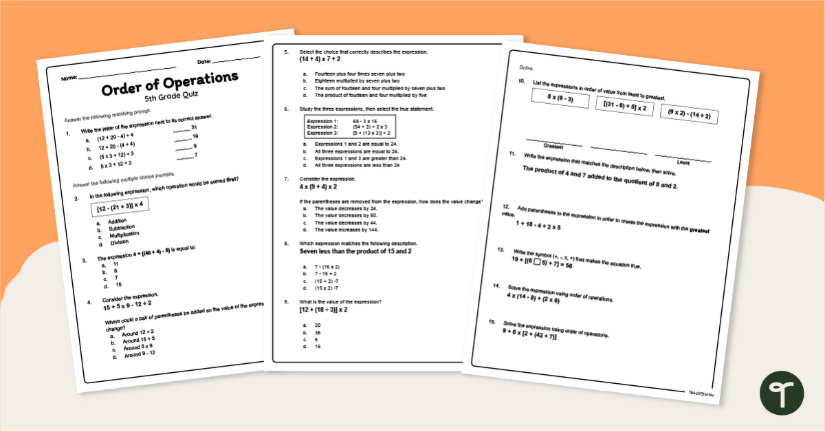 5th Grade - Order of Operations Quiz teaching resource