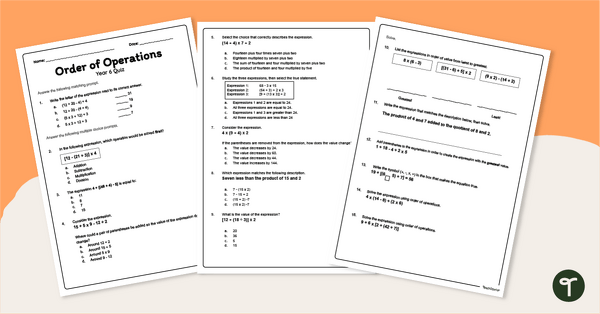 Order of Operations Quiz - Year 6 teaching resource
