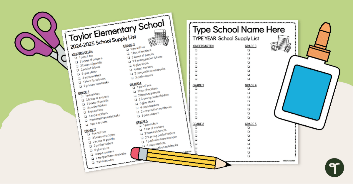 Schoolwide School Supply List Template teaching resource