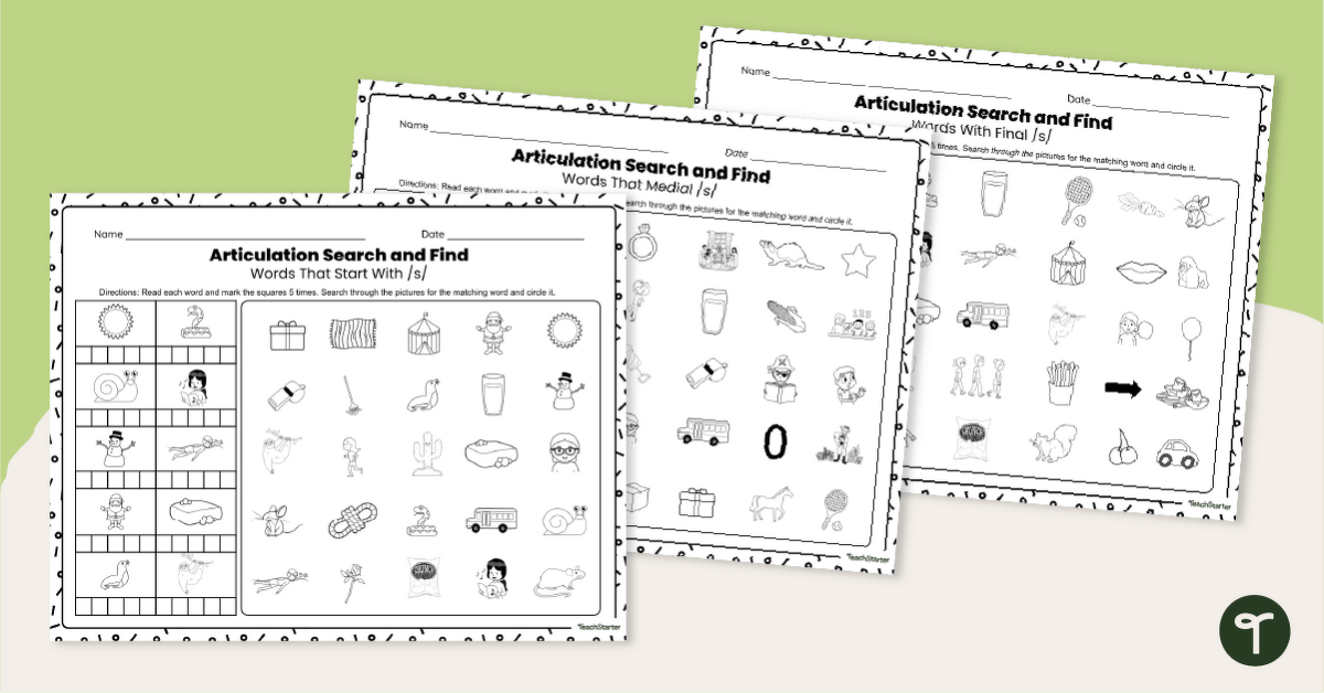 Initial, Medial & Final /s/ - Articulation Worksheets teaching resource