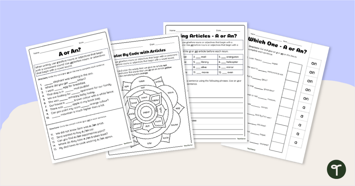 A or An Worksheets teaching resource