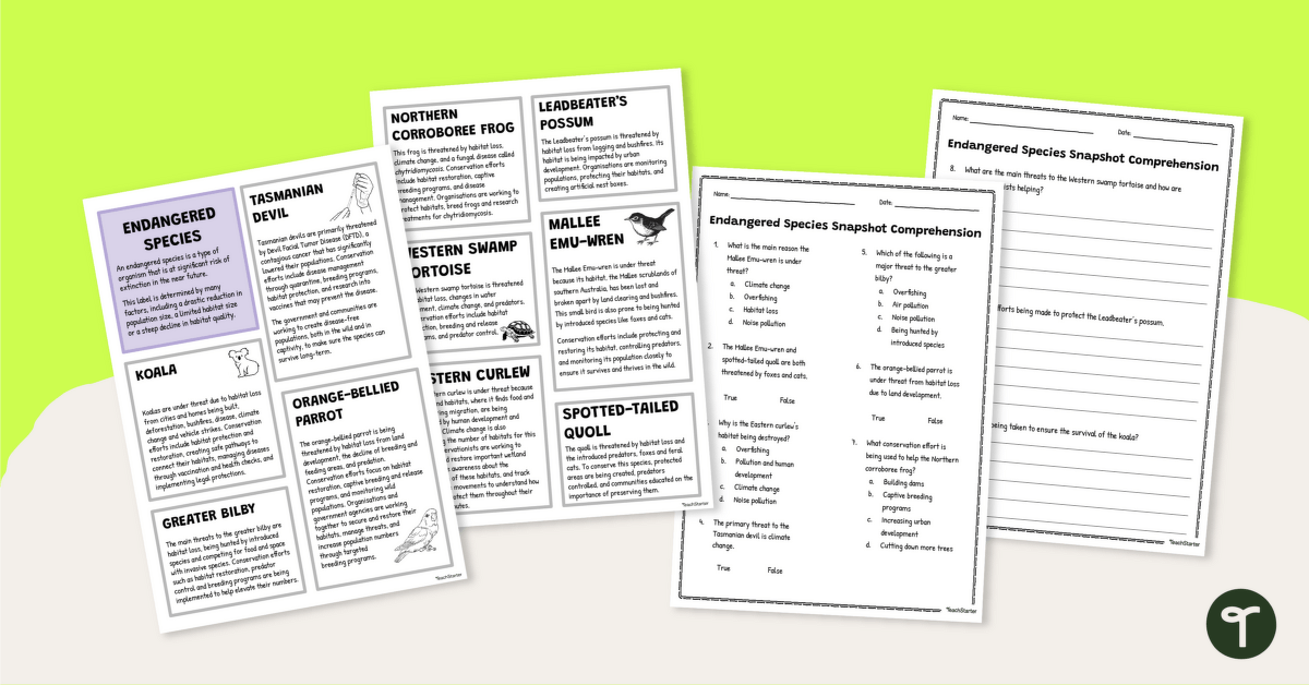 Australian Endangered Species Snapshots – Comprehension Worksheet teaching-resource