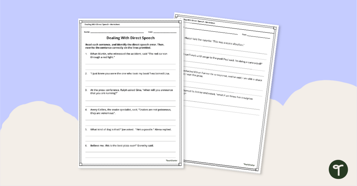 Dealing With Direct Speech - Worksheet teaching-resource