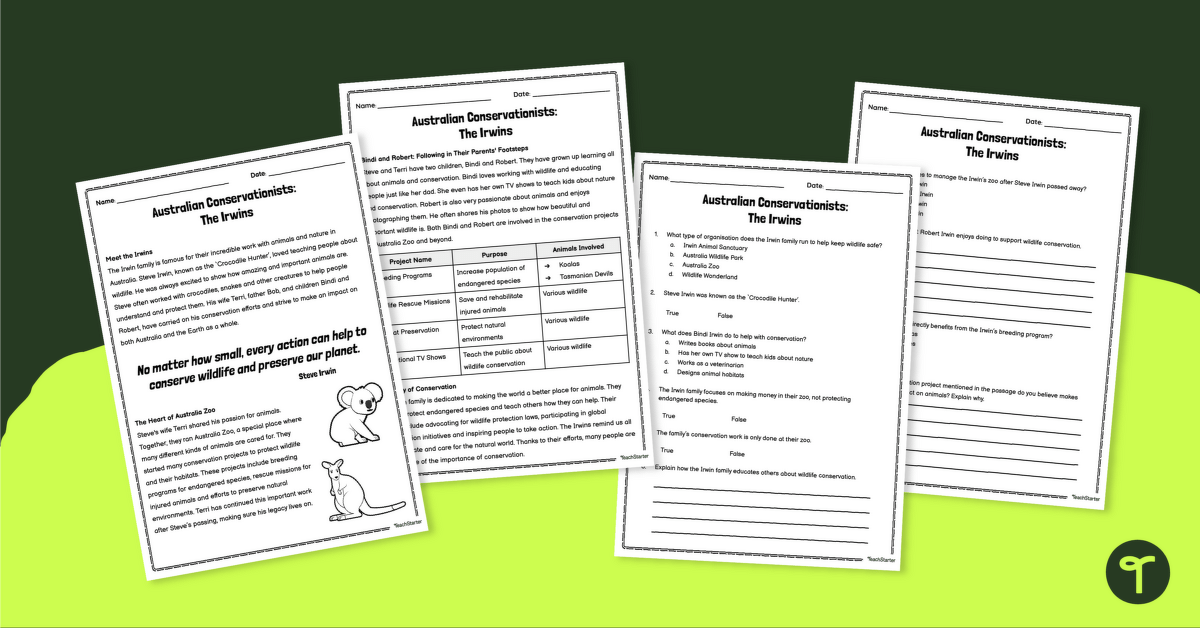 Australian Conservationists: The Irwins – Comprehension Worksheet teaching resource