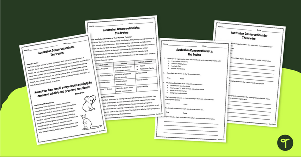 Go to Australian Conservationists: The Irwins – Comprehension Worksheet teaching resource