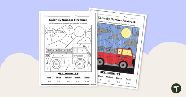 Go to Firetruck Color By Number Worksheet teaching resource