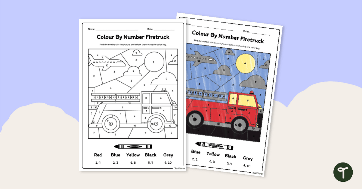 Firetruck Colour By Number Worksheet teaching resource