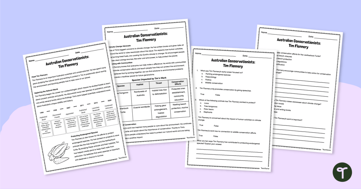 Australian Conservationists: Tim Flannery – Comprehension Worksheet teaching resource