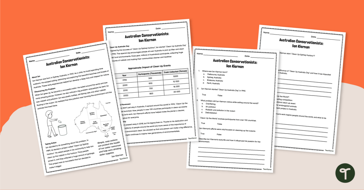 Australian Conservationists: Ian Kiernan – Comprehension Worksheet teaching resource