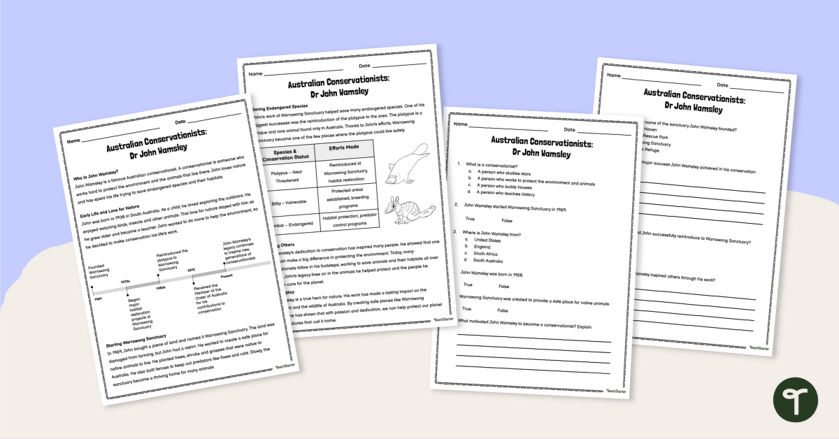 Australian Conservationists: John Walmsley – Comprehension Worksheet teaching resource