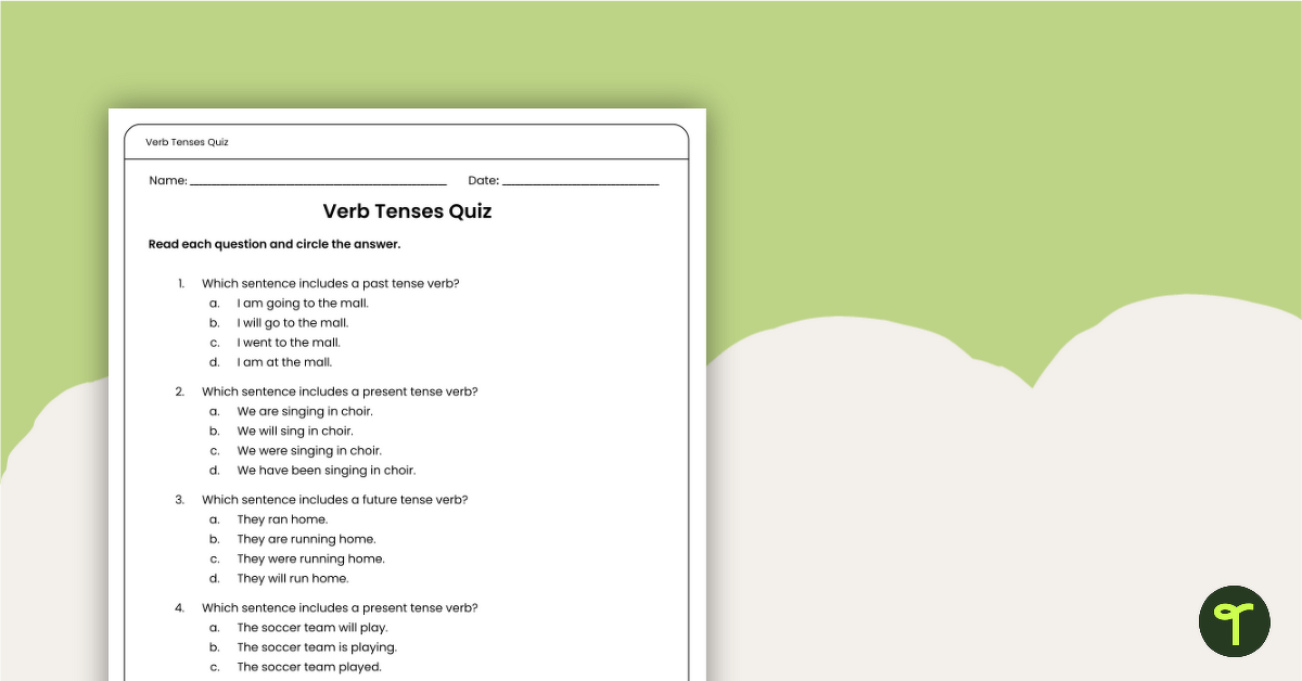 Verb Tenses Quiz Worksheet teaching-resource