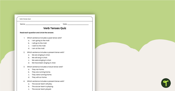 Go to Verb Tenses Quiz Worksheet teaching resource