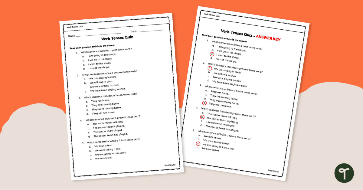 Verb Tenses Quiz Worksheet teaching resource