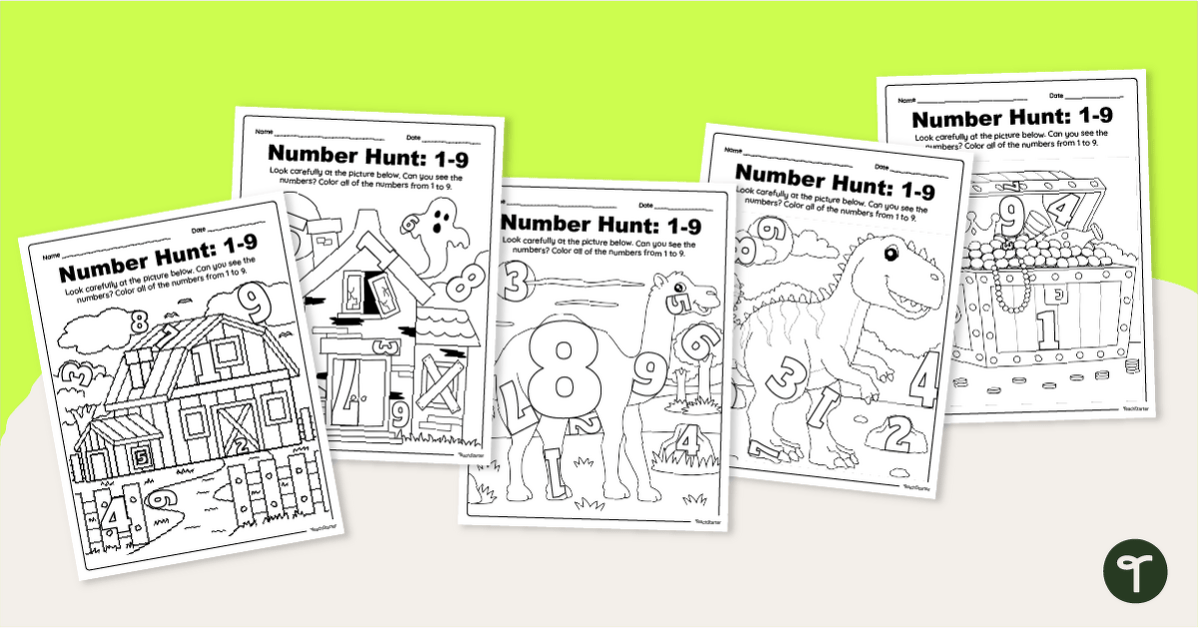 Preschool Number Worksheets - Number Hunt 1-9 teaching resource