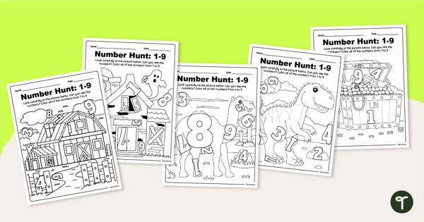 Go to Preschool Number Worksheets - Number Hunt 1-9 teaching resource