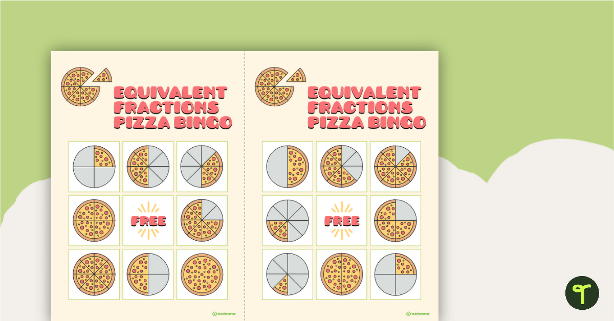 Equivalent Fractions Pizza Bingo - Whole, 1/2, 1/4, 1/8 teaching-resource