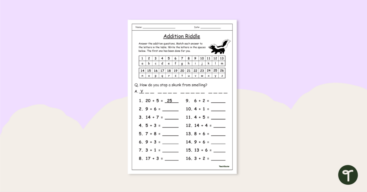 Simple Addition Riddle Worksheet teaching resource