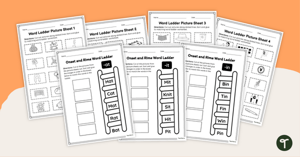 Go to Onset and Rime Word Ladder Worksheet Pack teaching resource