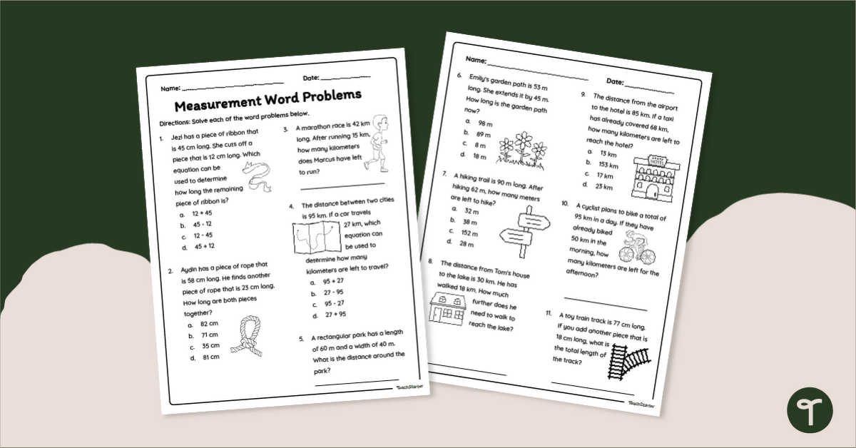 Length Word Problems - 2nd Grade Math Worksheet teaching resource