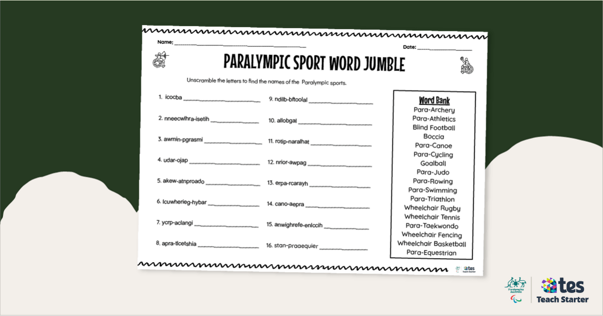 Paralympic Sport Word Scramble teaching resource