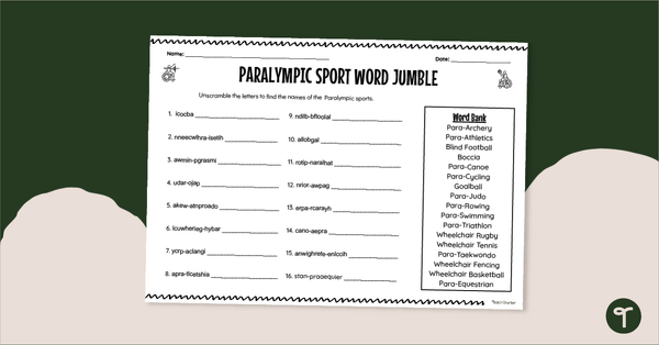 Go to Paralympic Sport Word Scramble teaching resource