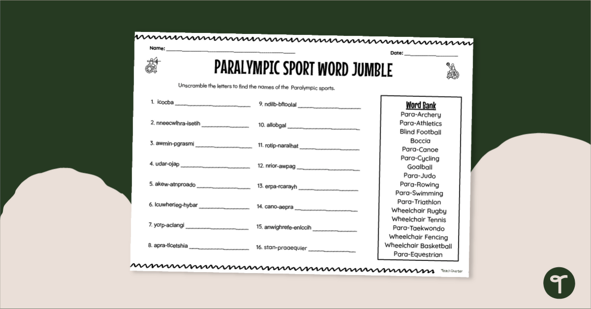 Paralympic Sport Word Scramble teaching resource